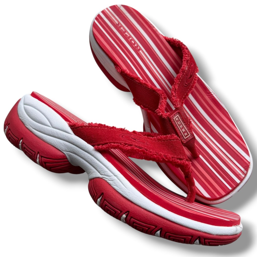 Roper Women's Red White Striped Platform Flip Flops Frayed Canvas Sporty Sandals